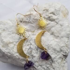 Natural Purple Crystal Celestial Sun And Moon Dangle Earrings